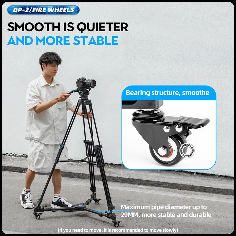 Fotopro عربة ثلاثية القوائم قوية مع 3 عجلات مطاطية، أرجل قابلة للتعديل وحقيبة حمل - سعة 33 رطل، عجلات ثلاثية القوائم DP-2 لكاميرا، كاميرا فيديو ومعدات إضاءة - Image 2
